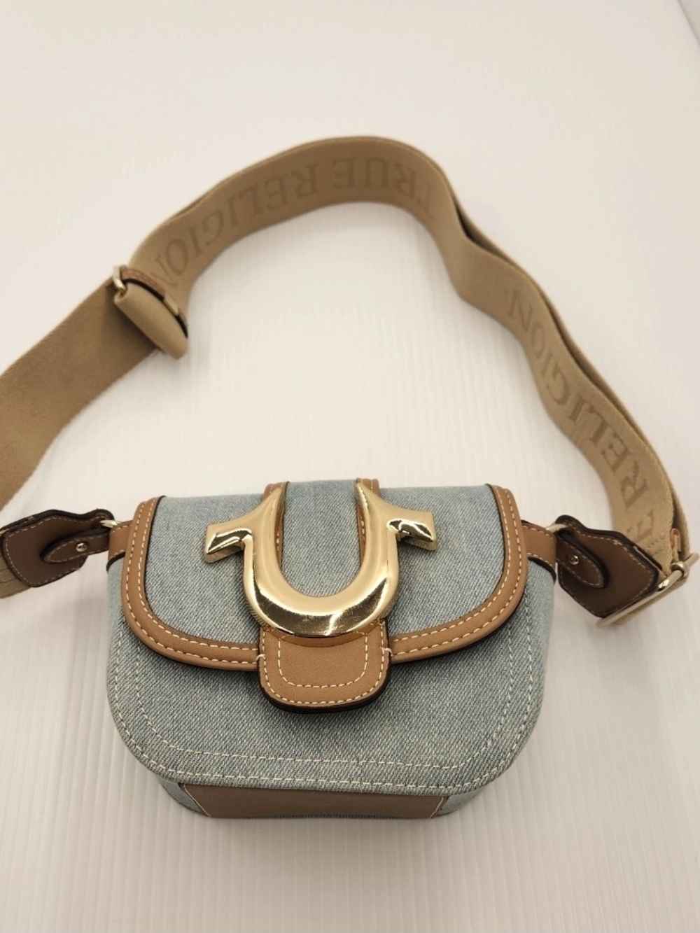 True Religion Light Denim and Tan Crossbody with Gold Accent